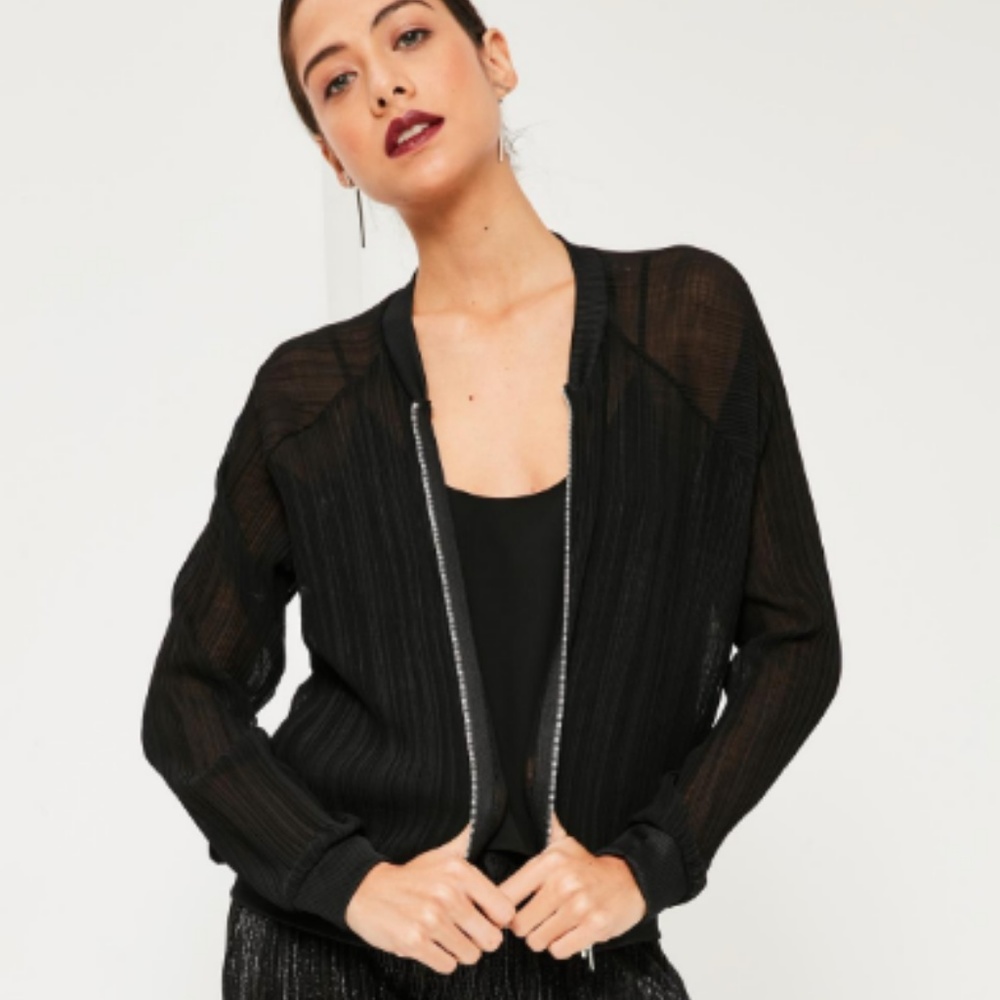 Sheer Black Zip Up Bomber Jacket. Size Small.